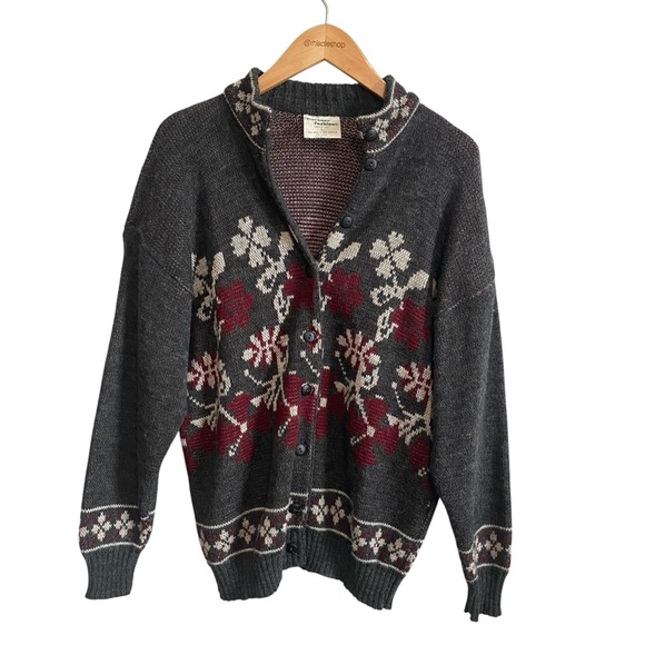Florence Fashions Sweaters - Vintage Made in Italy Gray Red White Floral Cardigan Wool Blend Knit Sweater S